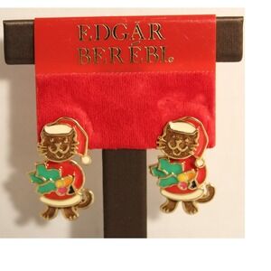 Edgar Berebi Enamel Christmas Kitty Cat Earrings Santa Hat Dangle Swinging Body